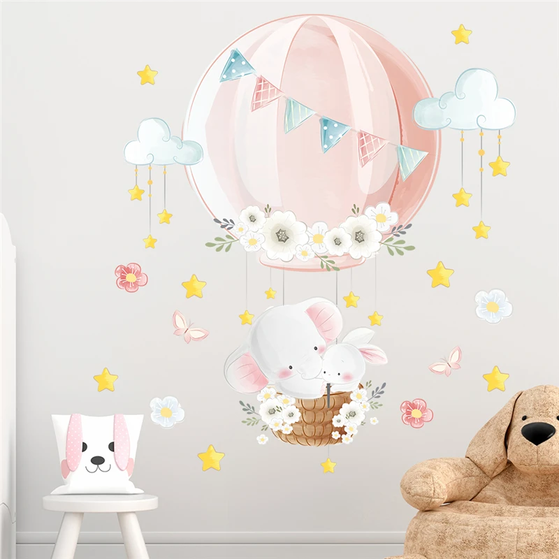 

Lovely Elephant Rabbit On Balloon Wall Stickers For Kids Room Decoration Cartoon Animals Mural Art Diy Home Decals Pvc Posters