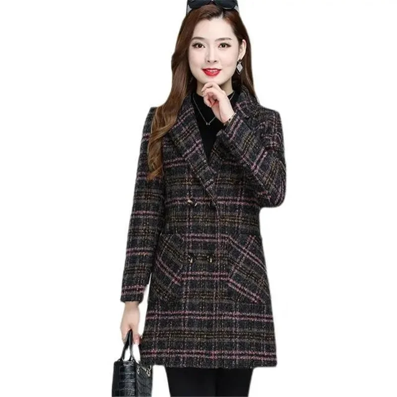 

Women Wool Coat Spring Autumn Jacket Korean Double-Breasted Mid-Length Plaid Wool Blended Coat Female Basic Coat Outerwear 6XL