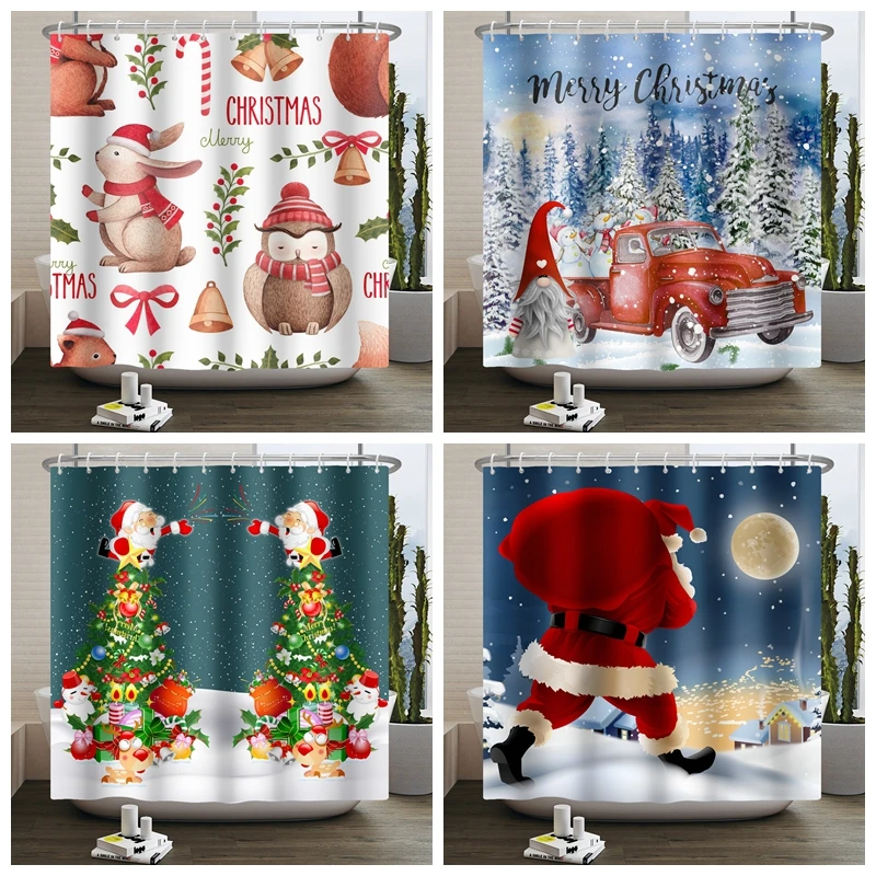 

Christmas Shower Curtain Funny Santa Claus Tree Fireplace Bathroom Curtain Washable Waterproof Bathtub Screen with Hooks 180x240