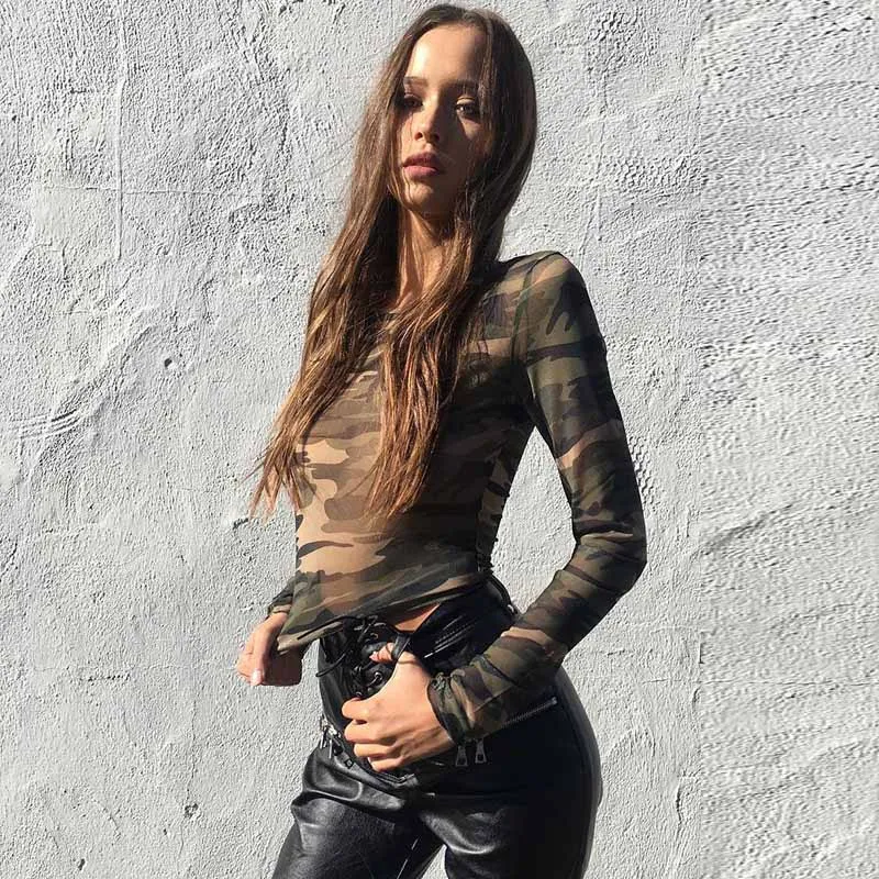 Women Summer Y2k Top Sheer Mesh Camouflage Print Tees OUT1074 Women Summer Y2k Top Sheer Mesh Camouflage Print Tees OUT1074