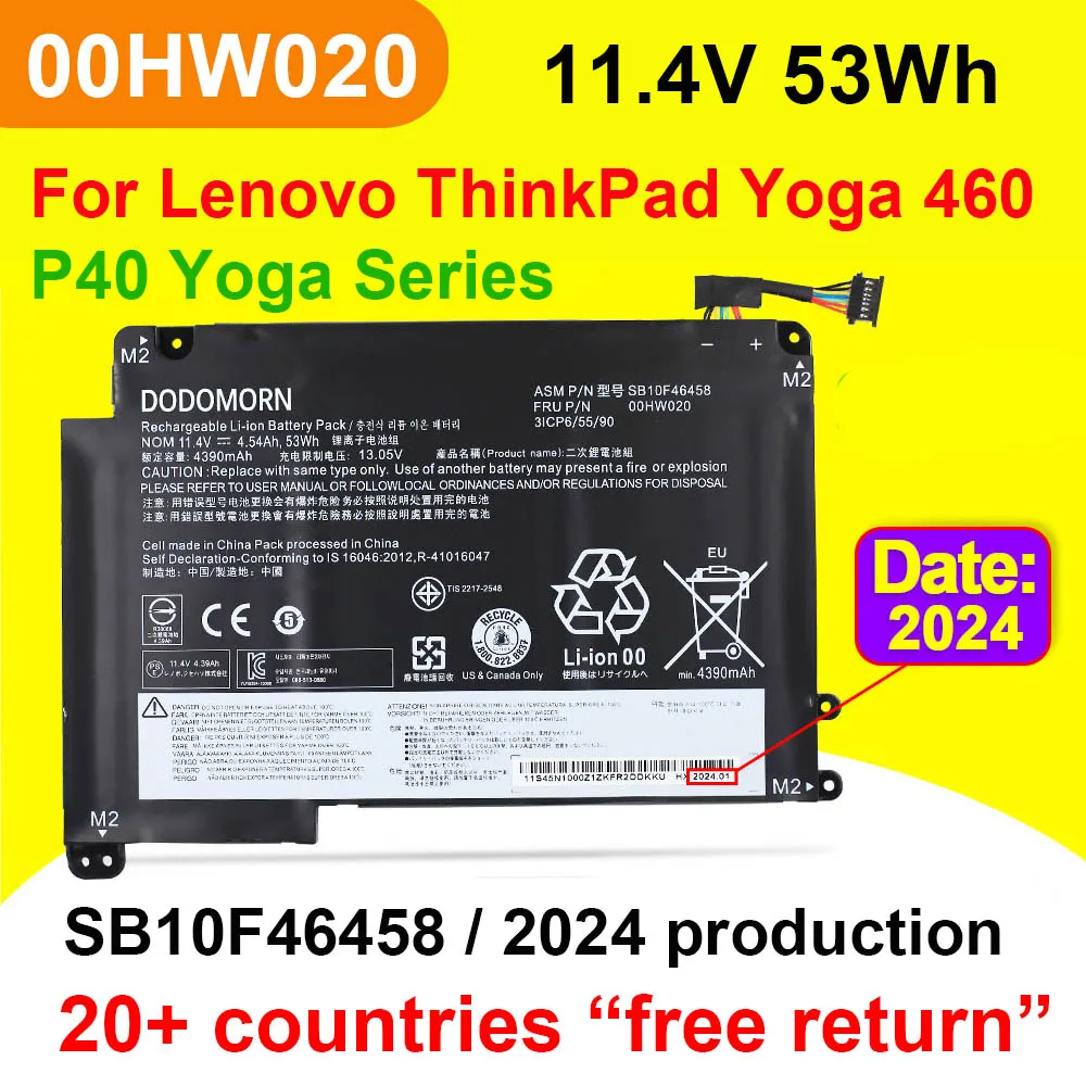 

For Lenovo ThinkPad P40 Yoga/460 Yoga 00HW020 00HW021 SB10F46458 SB10F46459 3ICP6/55/90 Laptop Battery 11.4V 53Wh 4390mAh