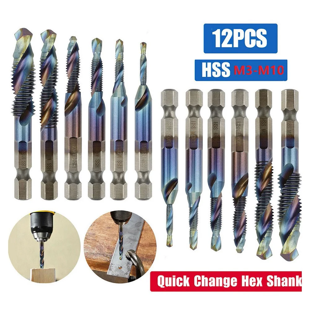 12PCS 1/4" Hex Shank Titanium Plated Screw Thread Tap Drill Bits Set HSS M3-M10 3 In 1 Compound Bit Hand Tools
12PCS 1/4" Hex Shank Titanium Plated Screw Thread Tap Drill Bits Set HSS M3-M10 3 In 1 Compound Bit Hand Tools