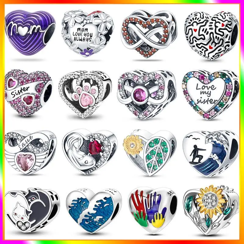 

Color zircon heart charm beads fits pandora 925 original bracelet for women 925 silver various heart shapes bead jewelry new in