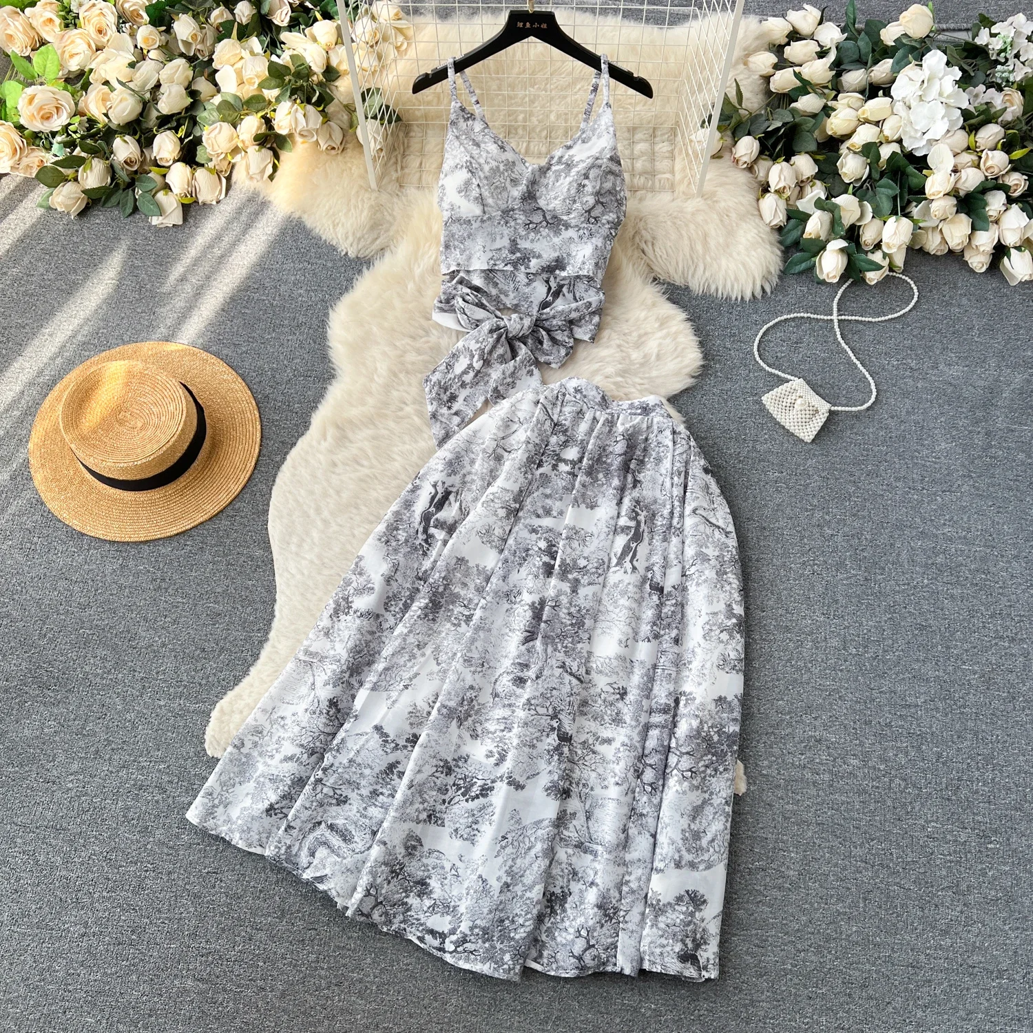 

Elegant Holiday Suits for Women Tie Dye Lace Up Strap Crop Top + Ruffle Midi Dress Female Beach Vacation Suit Summer New In 2023