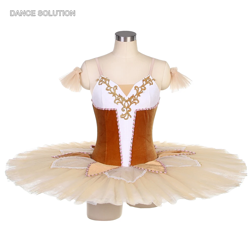 

BLL135 Brown Stretch Velvet Leotard Bodice with Ivory Pancake Tutu Skirt Ballet Performance Costumes for Girls Competition Wear
