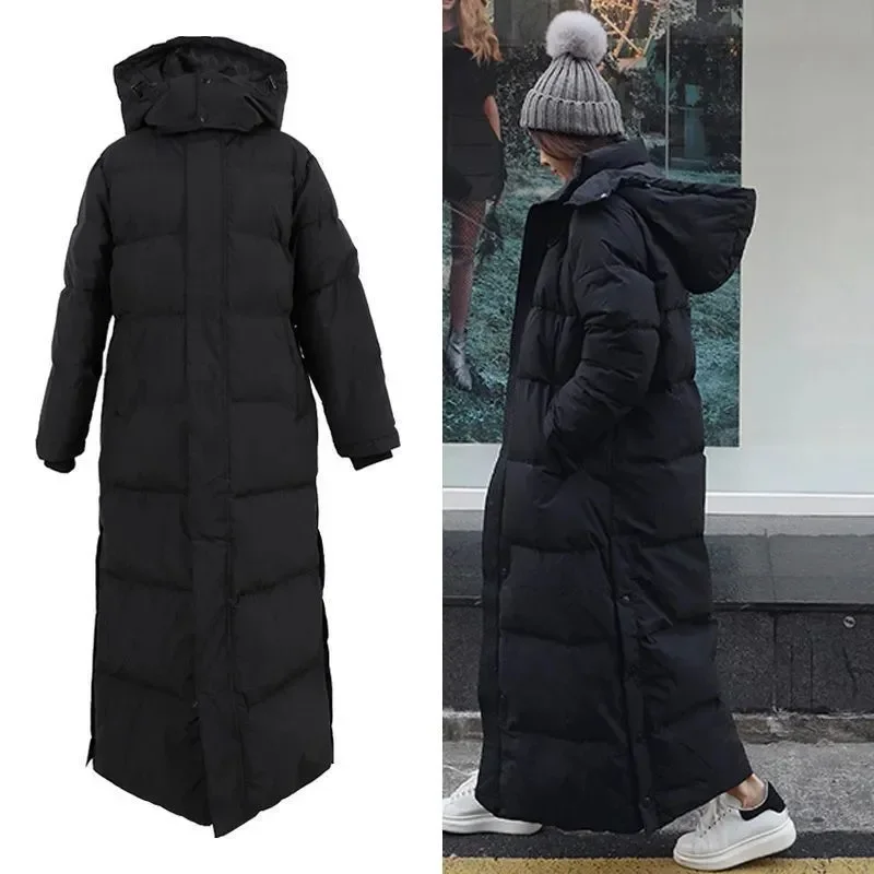 

Длинная стильная стеганая хлопковая куртка для женщин, новинка 2023, модная Корейская Парка выше колена, зимнее женское толстое черное пуховое пальто из хлопка