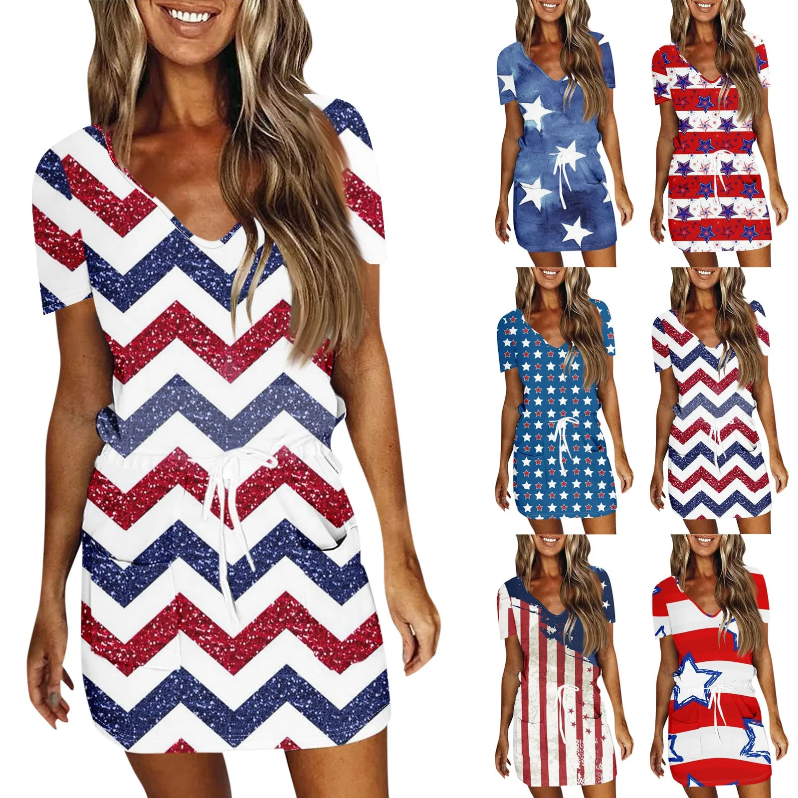 

Women's Summer Dresses Casual Fashion Independence Day Printed Dresses Drawstring V Neck Short Sleeve Dress فساتين طويلة