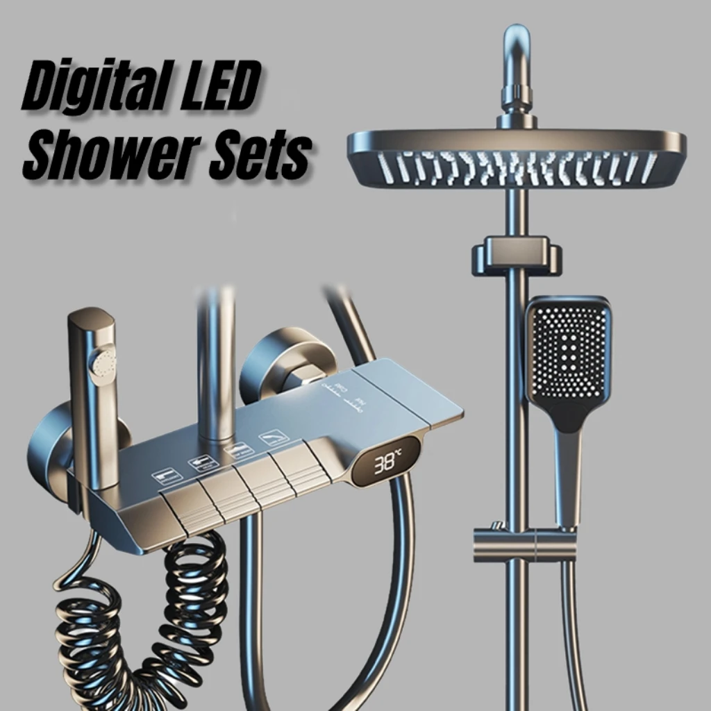 

Цифровые светодиодный душевые наборы, черная Душевая система, набор для ванной, Душевая система с дождевым давлением, смеситель для горячего и холодного душа, бытовой душ