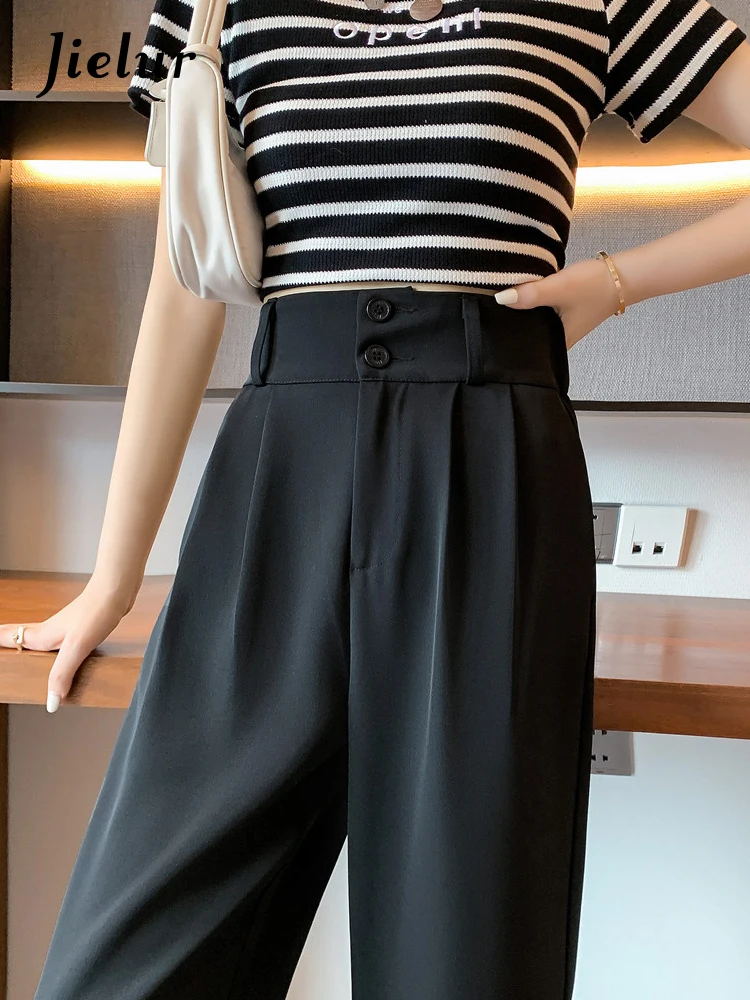 

Jielur Wide Leg Pants Women Summer Double Buttons High-waisted Suit Pants Female Loose Straight Black Trousers Office Lady M-XXL