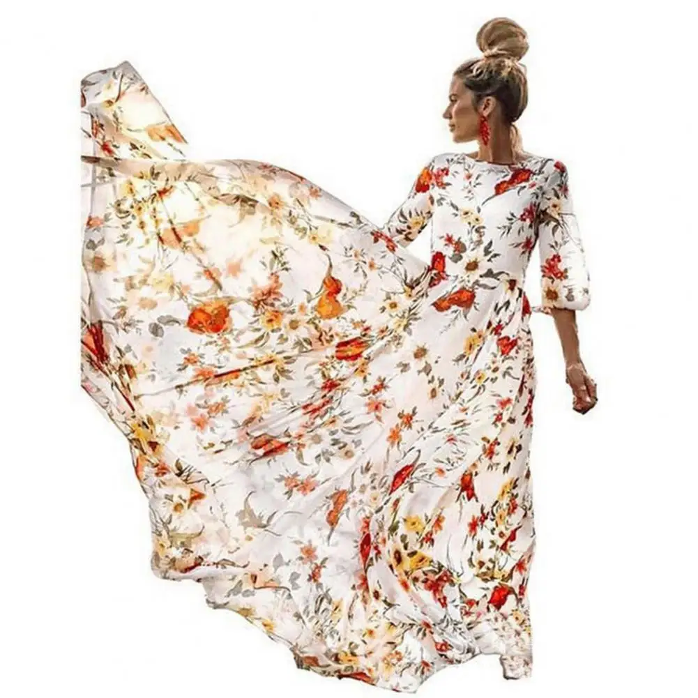 

Vintage Floral Print A-line Dress Three Quarter Sleeves Women's High Waist Pleated O فساتين طويلة