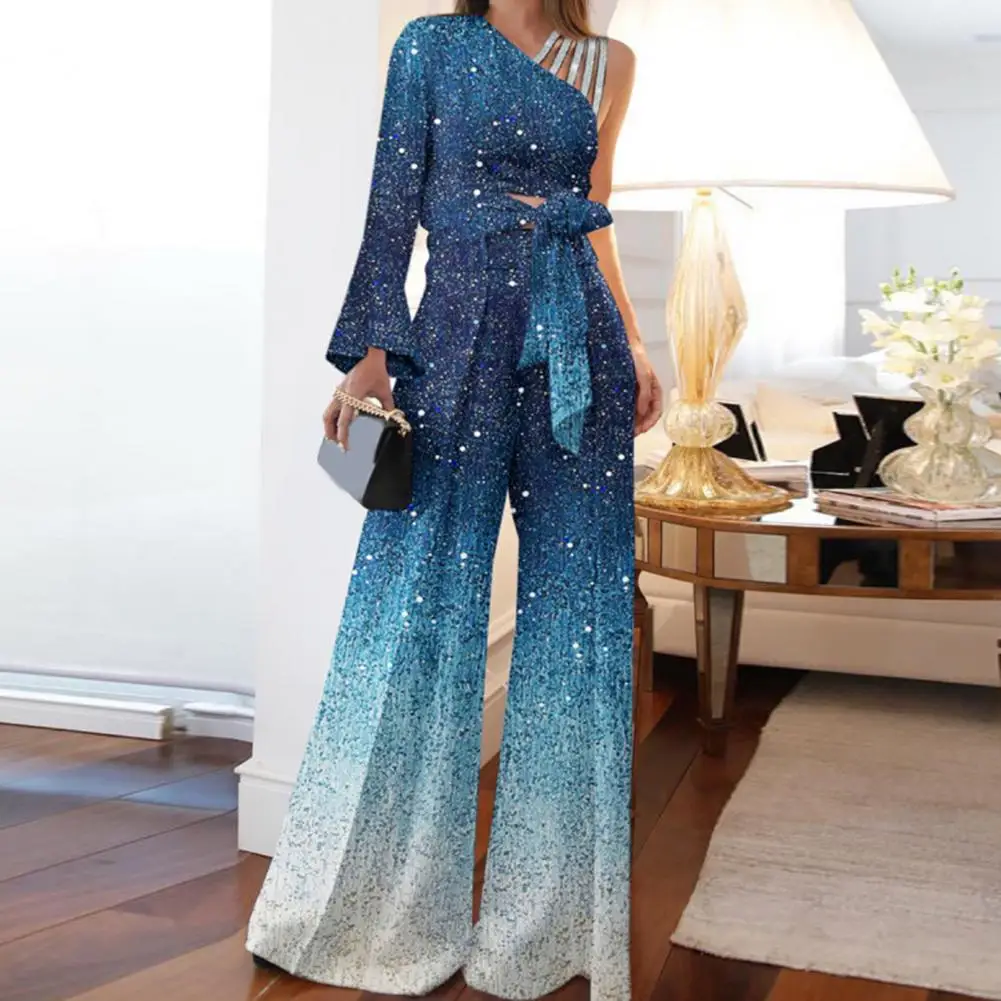 Stylish Wide Leg Bandage Bowknot Skin-touching One Shoulder Fashion Charming Blouse Pants Suit Top Pants Set High Waist
Stylish Wide Leg Bandage Bowknot Skin-touching One Shoulder Fashion Charming Blouse Pants Suit Top Pants Set High Waist