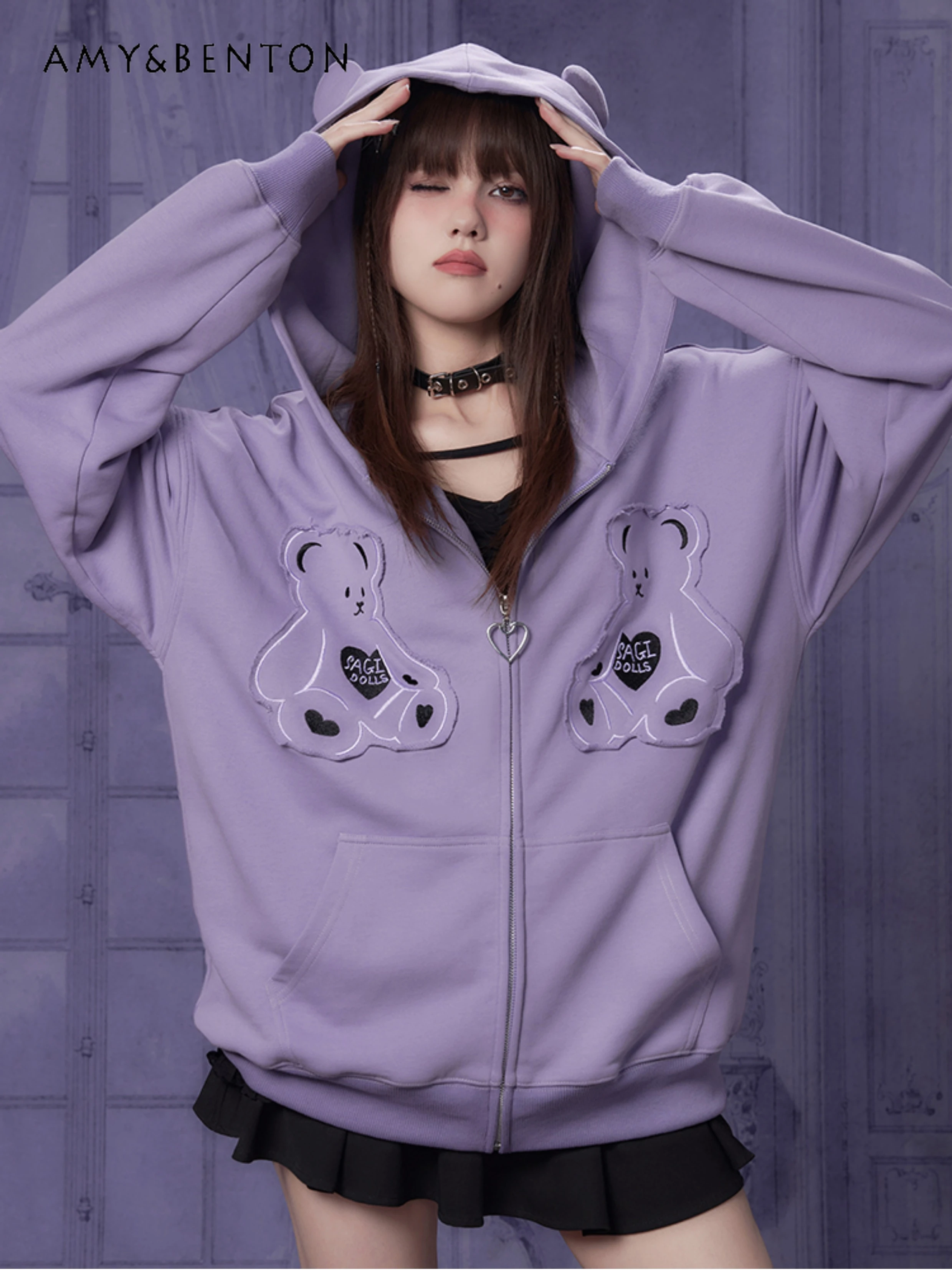 

Preppy Style Sweet Cute Cartoon Printed All Match Hoodies Women Harajuku Gothic Oversized Sweatshirt Y2K Pruple Zip Up Hoodie