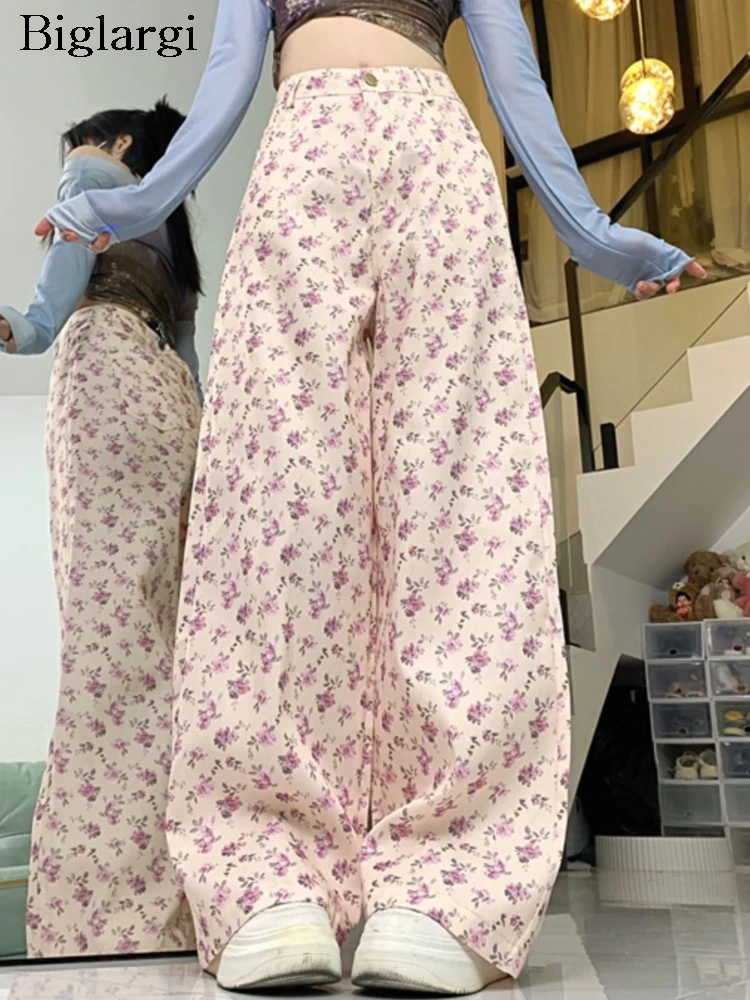 

Брюки женские длинные с цветочным принтом, Свободные плиссированные штаны с широкими штанинами, модные розовые брюки с завышенной талией в Корейском стиле, весна-лето