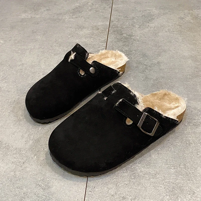 

Women's Retro Closed Toe Cork Fur Slippers 2023 Winter Designer Cow Suede Leather Plush Warm Clogs Cork Platform Shoes Slides