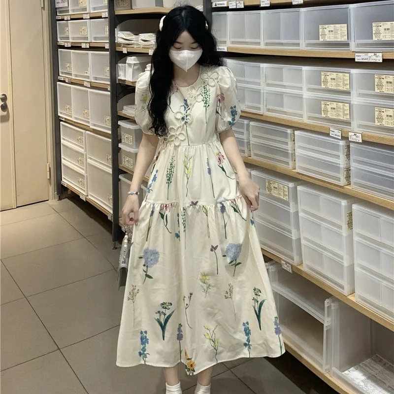 

Korean Sweet Gentle Style Oil Painting Printed Round Neck Slimmer Look Dress Female Student Summer Mid-Length a-Line Skirt