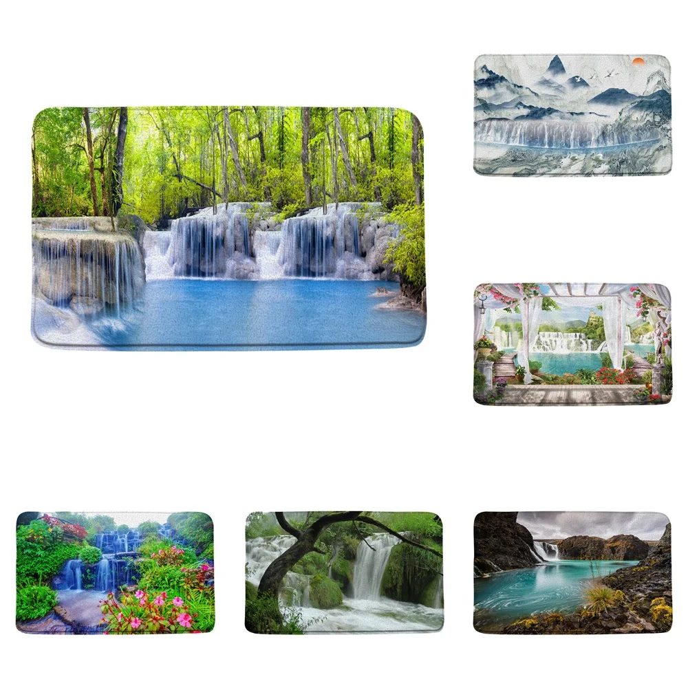 

Bathroom Rug Tropical Nature Landscape Waterfall Forest Tree Scenery Bath Mat Non Slip Doormat Flannel Kitchen Carpet Home Decor