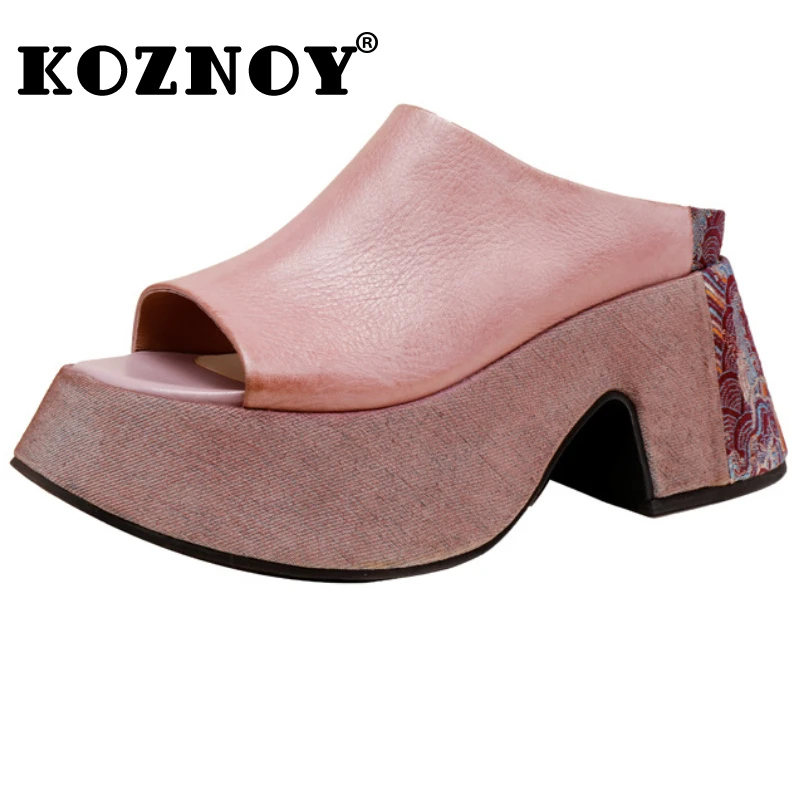 

Koznoy 8cm Women Peep Toe Cow Genuine Leather Moccasins Embroider Mary Jane Slipper ROME Platform Wedge High Heels Summer Shoes