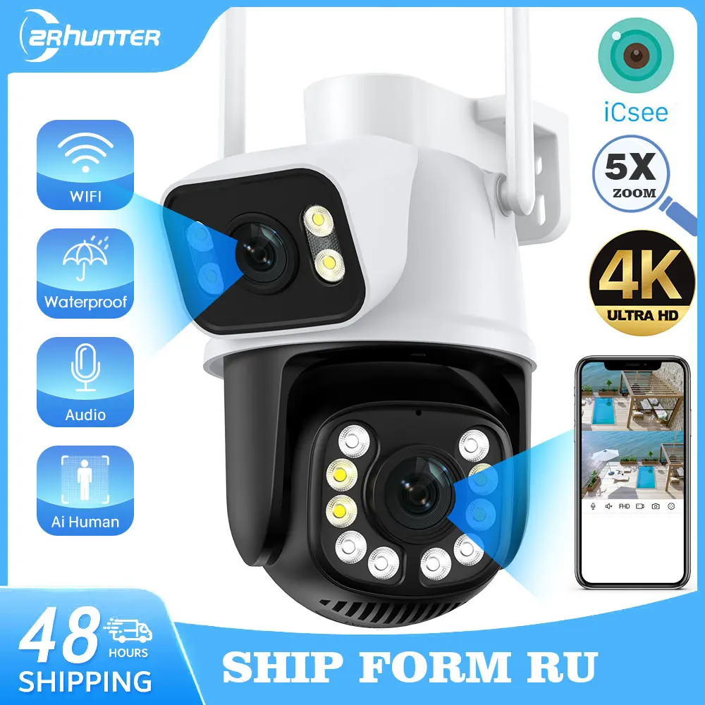 

ZRHUNTER 8MP 4K PTZ WiFi Camera with Dual Screen Auto Tracking Color Night Vision Outdoor CCTV Surveillance Camera ICSEE APP