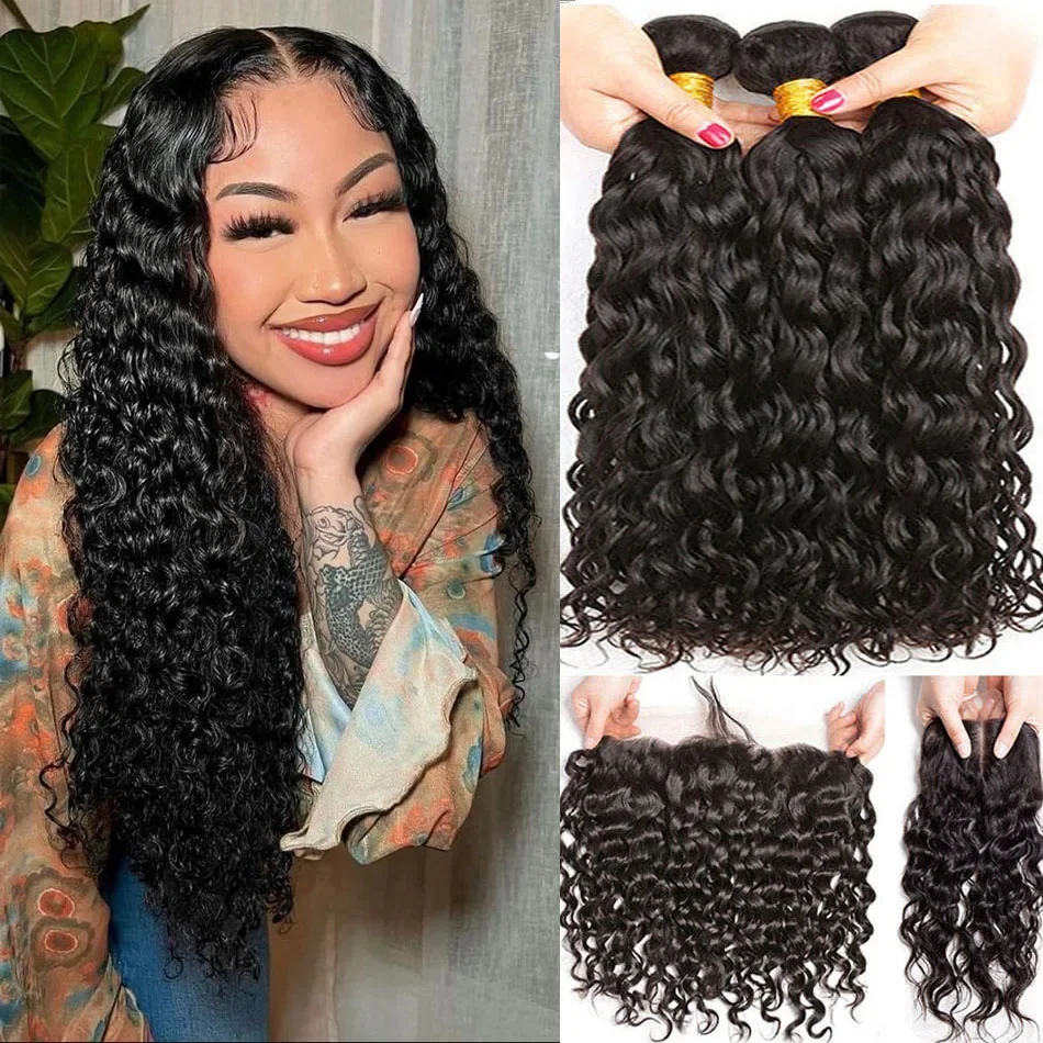 

Water Wave Bundles With Frontal Closure Wet and Wavy Unprocessed Brazilian Deep Curly Wavy Human Hair Bundles With Lace Closure