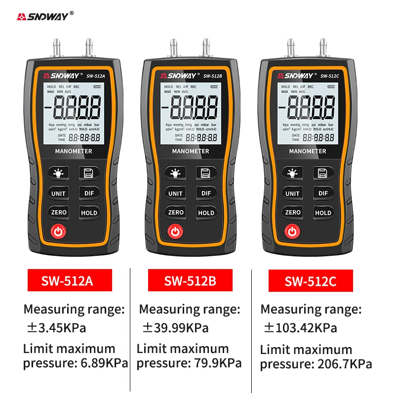 

SNDWAY SW-512 Series Digital Manometer Air Pressure Gauge ±103.42 KPa 0.01 Resolution air pressure Differential Gauge Tools Kit