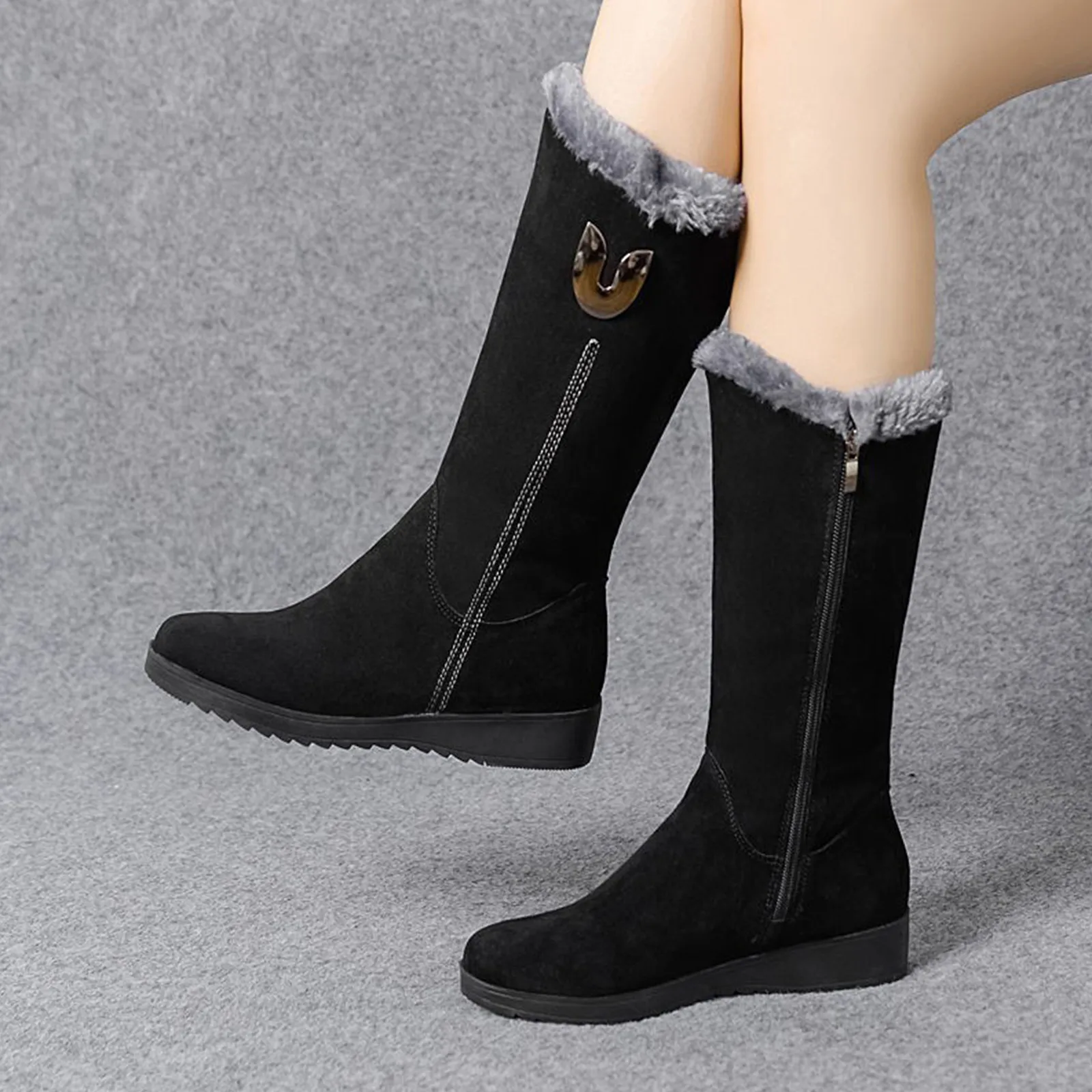 

Warm Chelsea High Fur Boots Women Winter Shoes for Women Chunky Mid-calf Plush Snow Flat Boots ZIP Fashion Botas De Mujer