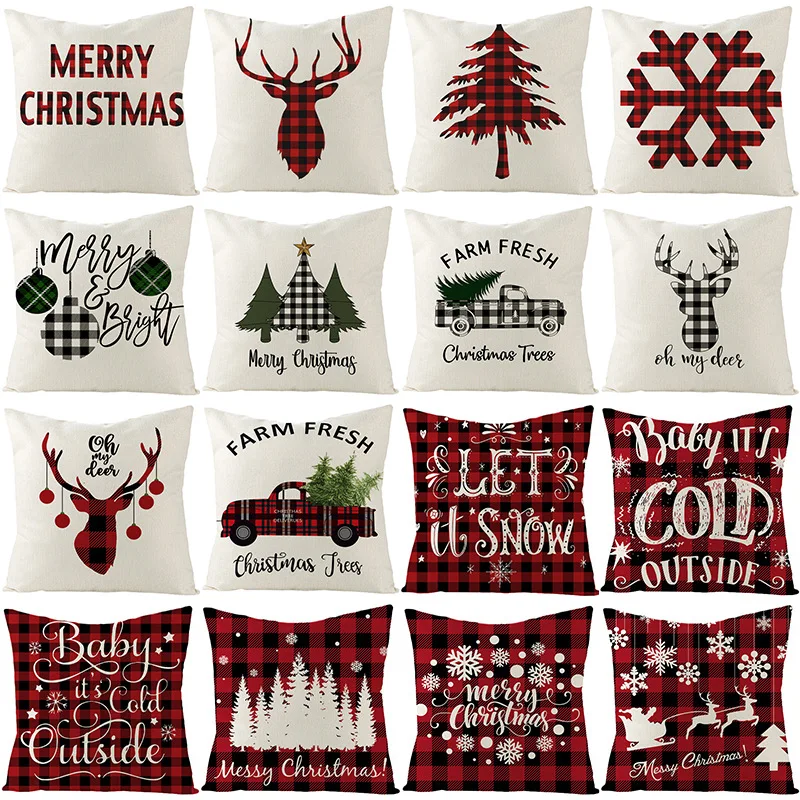 

Snowflake Xmas Pillowcase Merry Christmas Alphabet Elk Cushion Cover Plaid Santa Claus Pillow Cover 45x45 Living Sofa B0211G