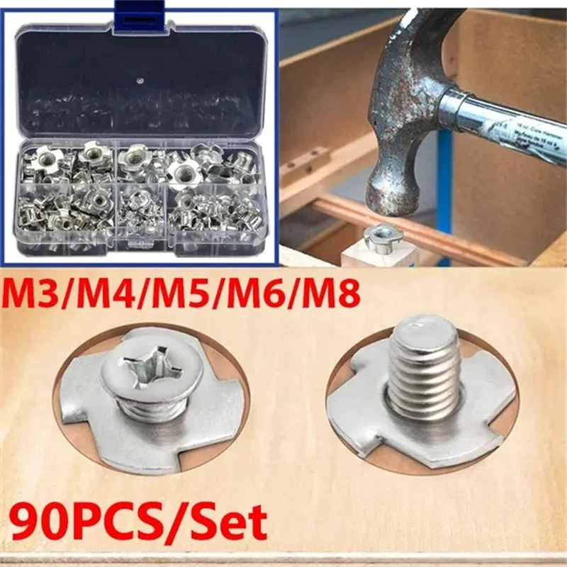 90Pcs/Set Zinc Plated Four Claws Nut Carbon Steel T Nut Four-Pronged Tee Nuts Woodworking Furniture Tool
90Pcs/Set Zinc Plated Four Claws Nut Carbon Steel T Nut Four-Pronged Tee Nuts Woodworking Furniture Tool