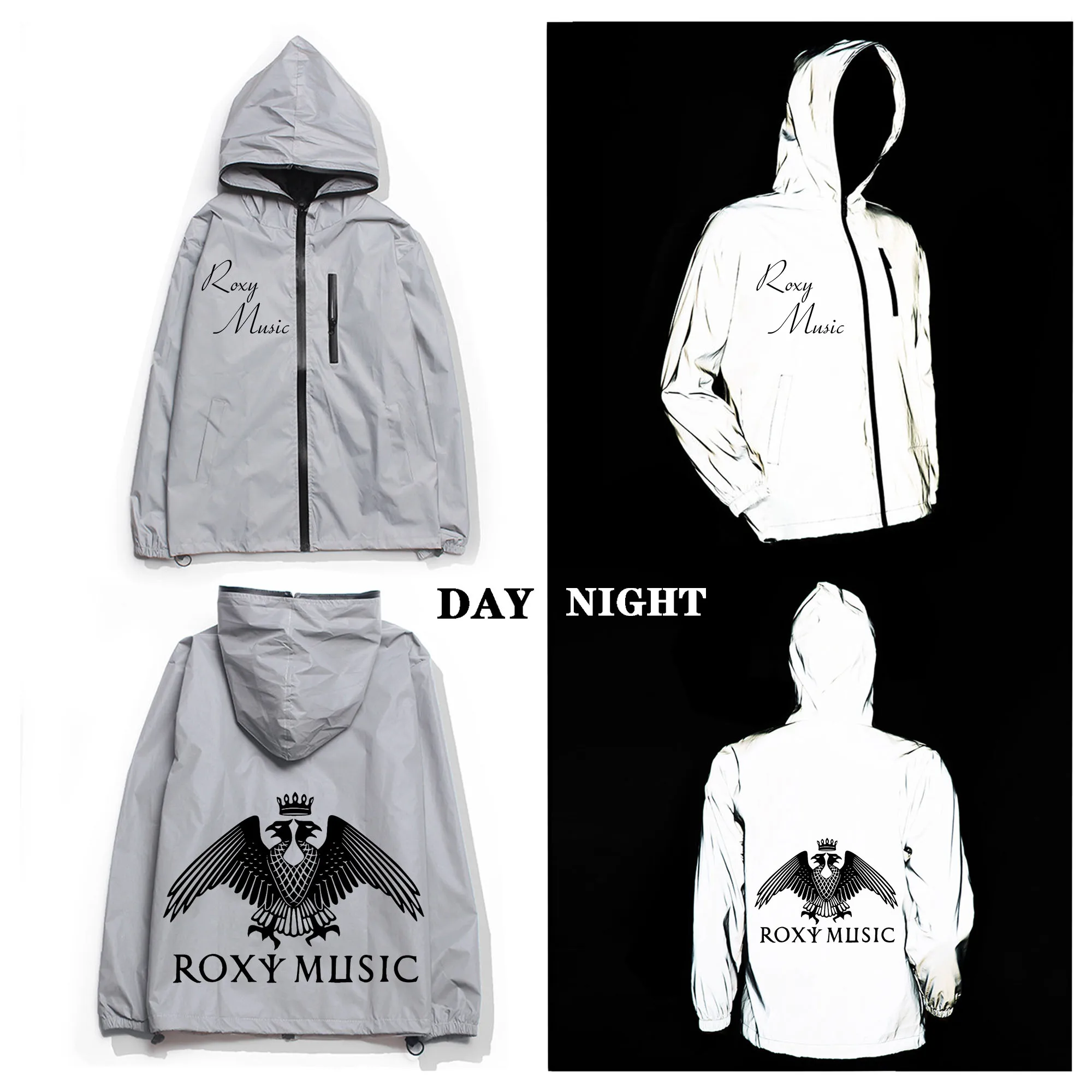 

Roxy Music Band Reflective Jacket Mens Womens Coat Hooded Windbreaker Run Pocket Jackets Cycling Hiking Zipper Custom Hoodie