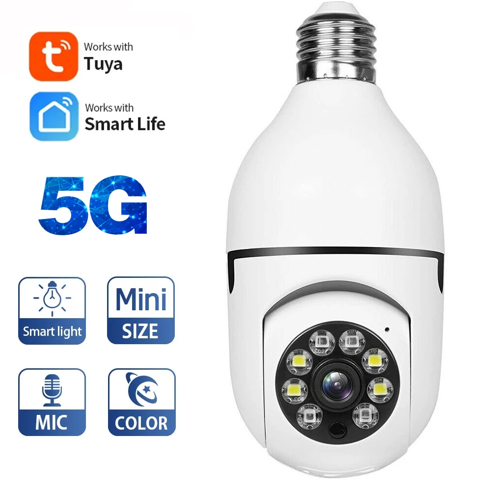 

Tuya 5Ghz Dual Band E27 Bulb 5MP WiFi Camera Color Night Vision Indoor Mini PTZ IP Camera Security Ai Tracking Human Detection