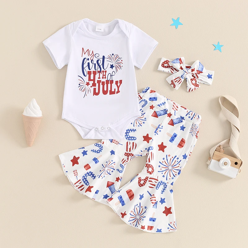 

My First 4th of July Baby Girl Outfit Short Sleeve Shirt Romper Stars Bell Bottoms Flare Pants Set Summer Clothes