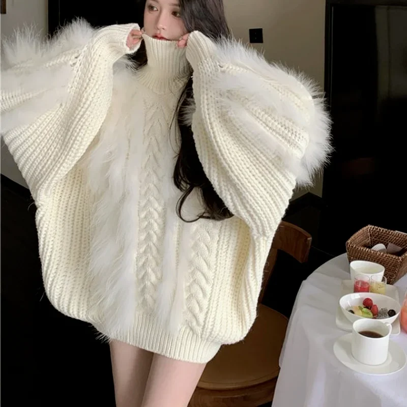 

Fashion and Leisure 2022 Winter New Furry Knitted Sweater Turtleneck Thicken Warm Turtleneck Knitted Sweater Harajuku Sweet