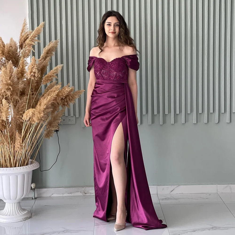 

Meetlove Purple Evening Dresses Lace Pleated Saudi Arabia Dubai Prom Wine Gowns Mermaid Side Slit Appliques Bodycon Party Dress