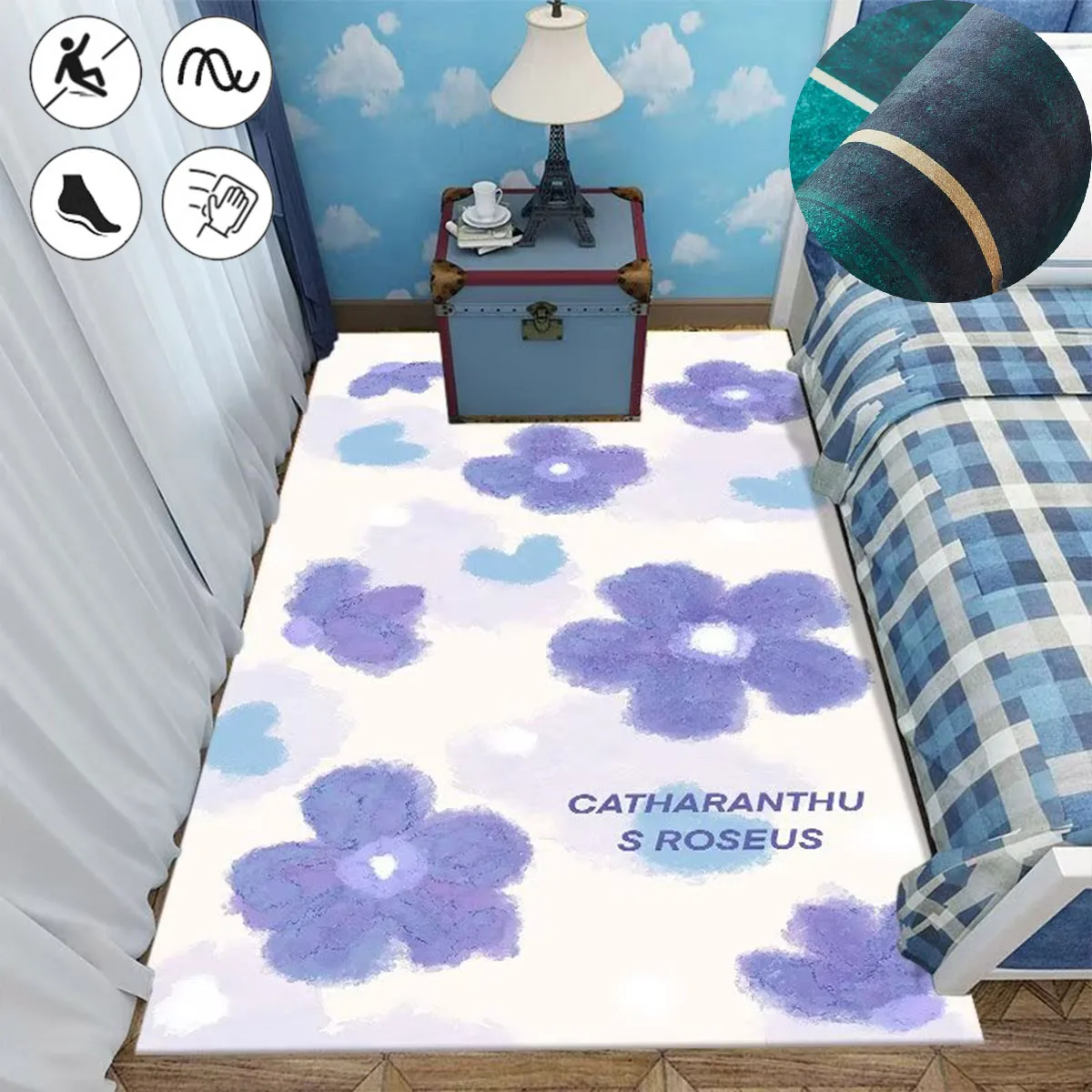 

Purple White Rugs for Bedroom Soft Bedside Rug Cute Cartoon Children's Room Carpet Cream Style Nursery Room Crawling Floor Mat