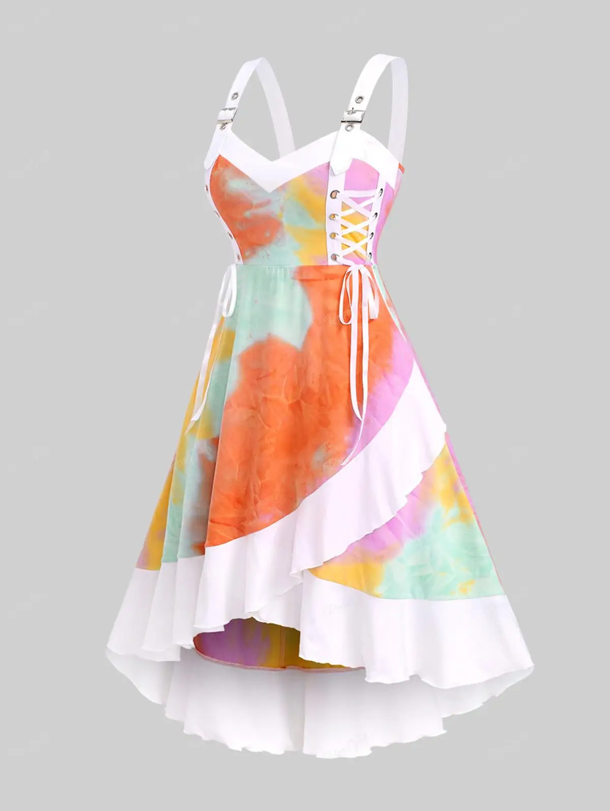 

ROSEGAL Plus Size Lace Up Tie Dye Ruffles Asymmetric Dress Women Spring,Summer Streetwear Casual Midi Dresses Vestidos