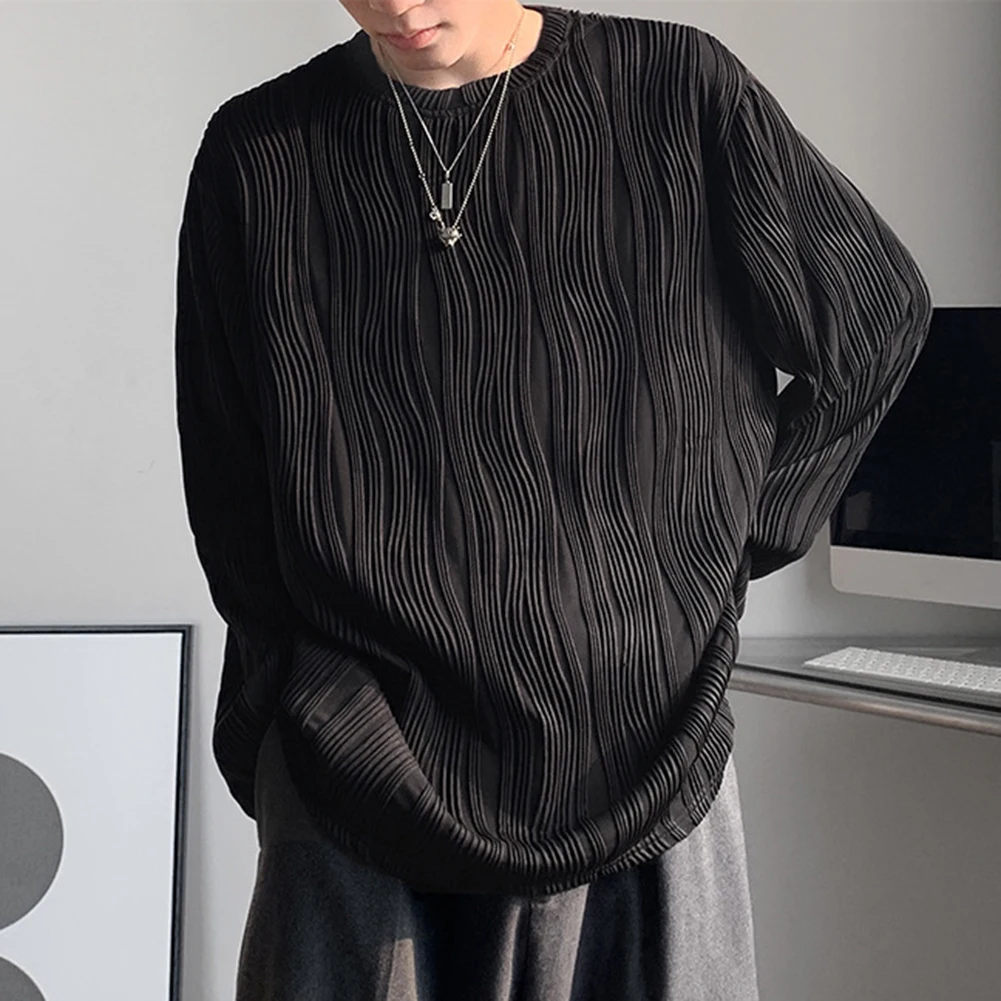 Футболка мужская повседневная с круглым вырезом, свободная однотонная уличная одежда, текстурная универсальная Удобная Топ для отдыха, осень 
Футболка мужская повседневная с круглым вырезом, свободная однотонная уличная одежда, текстурная универсальная Удобная Топ для отдыха, осень