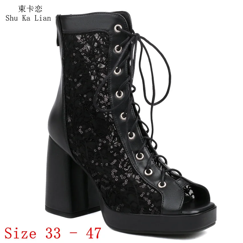 

Summer Ankle Short Boots Women Platform High Heels Peep Toe Shoes Air mesh Sexy Gladiator Sandals Woman Small Plus Size 33 - 47