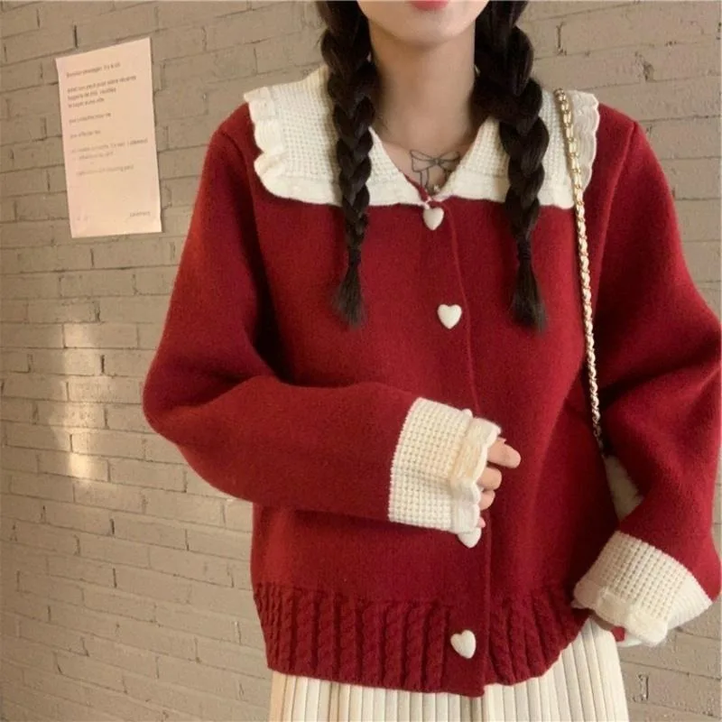Doll Neck Red New Year Sweater Women's Autumn and Winter New Contrast Reduced Age Knitted Cardigan Top
Doll Neck Red New Year Sweater Women's Autumn and Winter New Contrast Reduced Age Knitted Cardigan Top