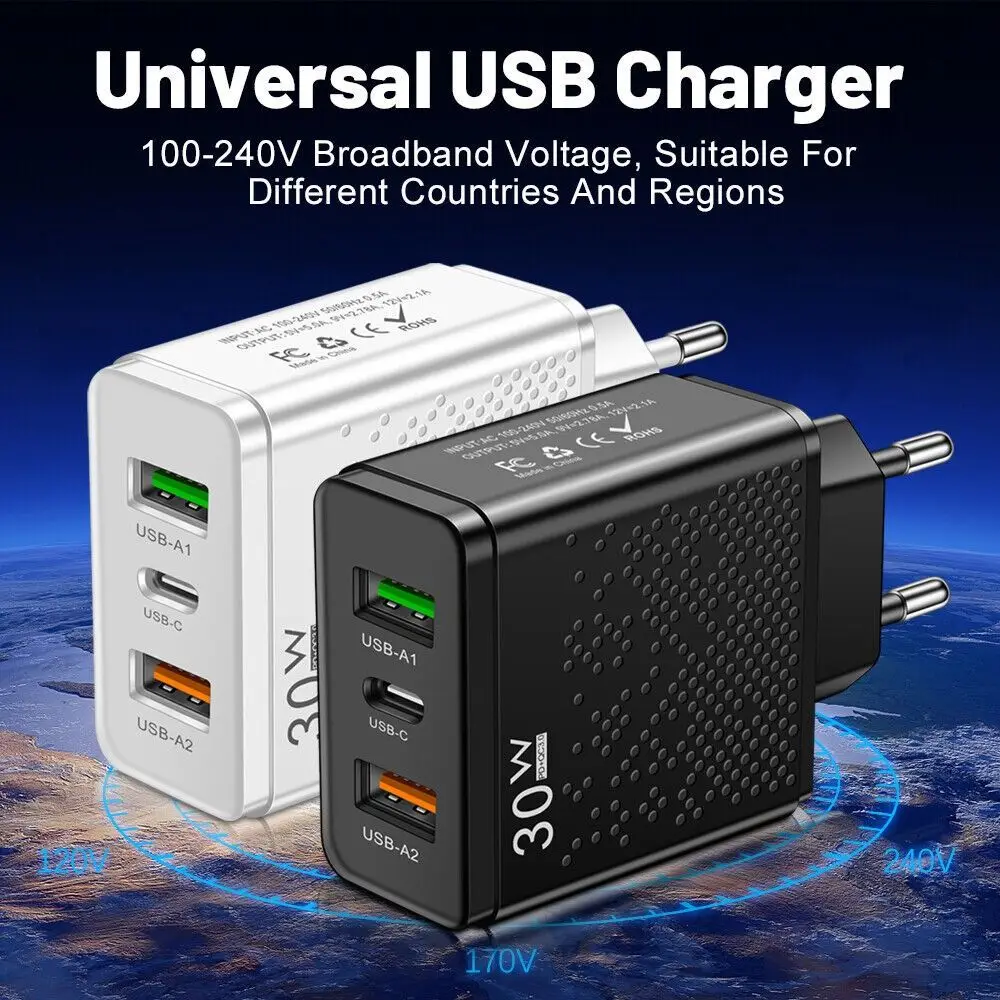 3 Port PD Plug 30W USB-A Type C Fast Wall Charger Adapter Quick Charge Phones Adapter Mobile Phone Accessories
3 Port PD Plug 30W USB-A Type C Fast Wall Charger Adapter Quick Charge Phones Adapter Mobile Phone Accessories
