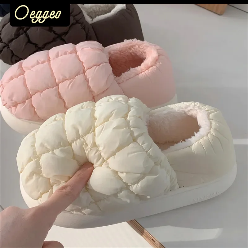 

oeggeo winter Men and women checkered cotton slippers for outting warm and anti slip thick soled cotton shoes