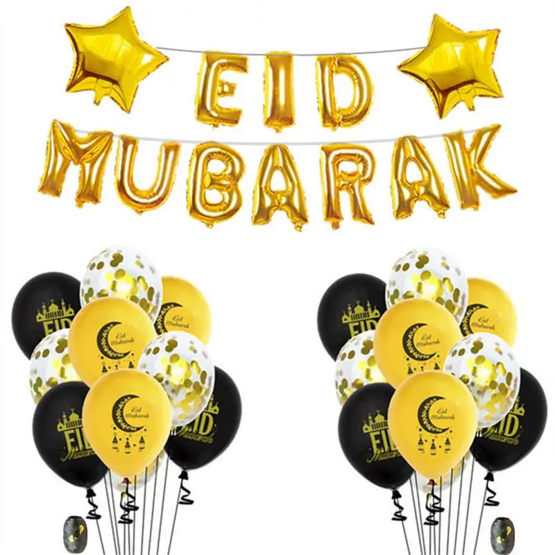 

Eid Mubarak Balloons Set Background Ramadan Kareem Decoration Bunting Moon and Star Foil Balloon for muslim islamic party