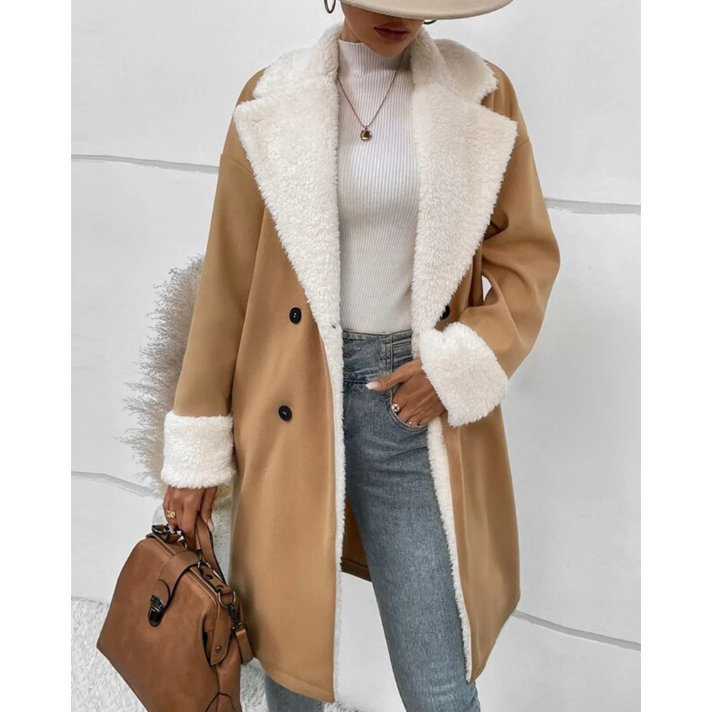 

Winter Fashion Women Teddy Double Breasted Fluffy Coat Femme Casual Turn-down Collar Colorblock Long Sleeve Peacoat Outwear traf