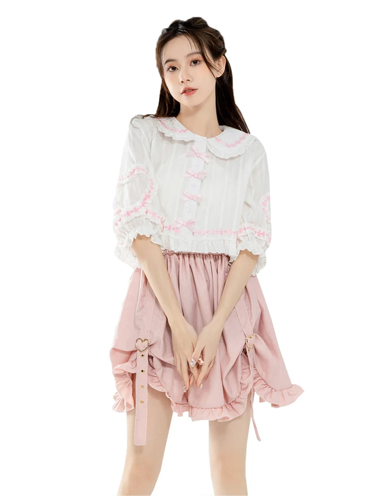 

Sweet Japanese Lolita Solid Shirts Teen Girls Summer Casual Lantern Short Sleeve Soft Top Cute Floral Botton Closure Pullover