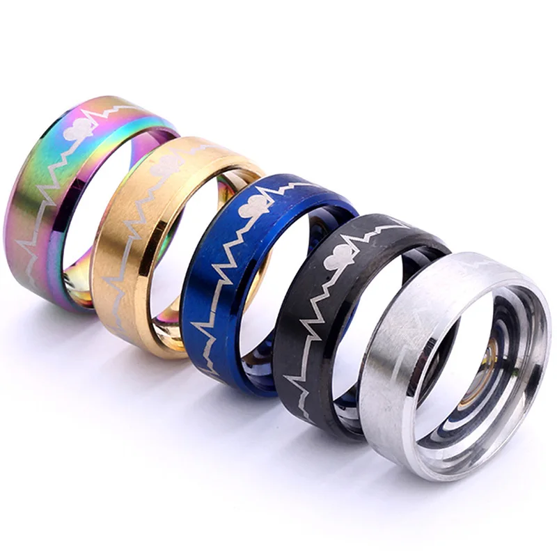 

8MM Ring Men/Women Titanium Steel Black Color Electrocardiogram Wave Heartbeat Stainless Steel Ring Fashion Jewelry Simple Style