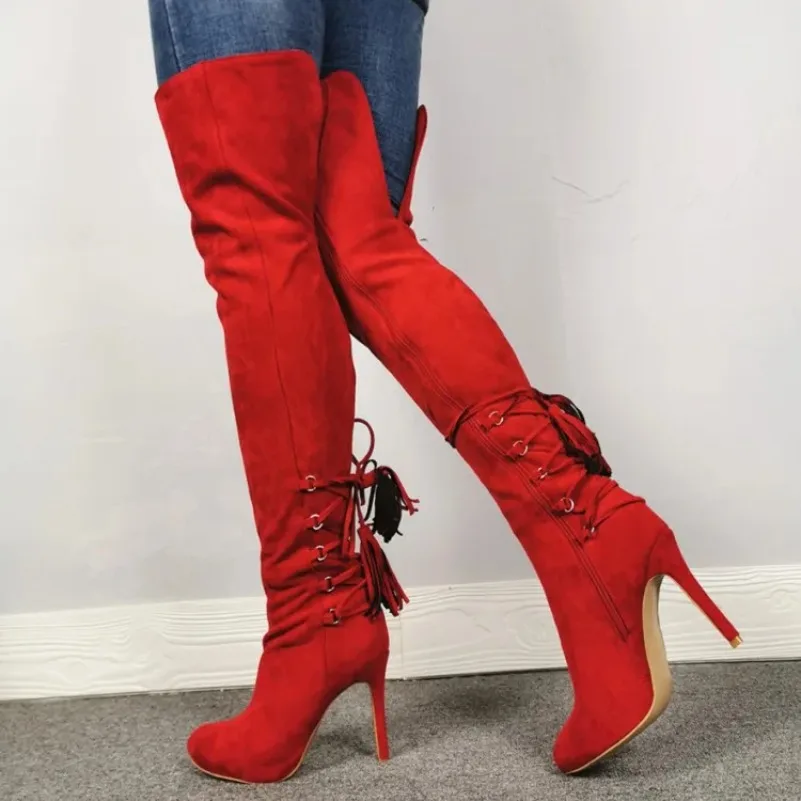 

2024 Handmade Women Thigh High Boots Pretty Fringe Sexy Stiletto Heels Round Toe Gorgeous Red Party Shoes Women US Size 5-15