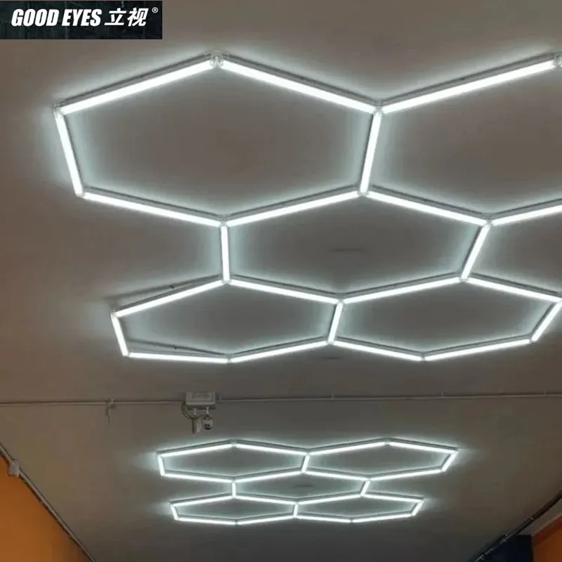 

Hot Sell 5 Grid Modular System Assemblable LED Hexagon Lights for Your Cool Garage Workshop Gym Office Supermarket Car Detailing