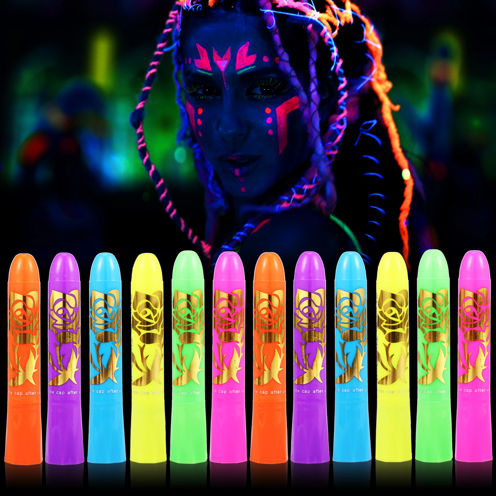 

12Pcs Face Paint Crayons Set Safe Non-Toxic Glow In Dark Face Body Paint Washable Makeup Face Painting Crayons 6 Colors UV Light