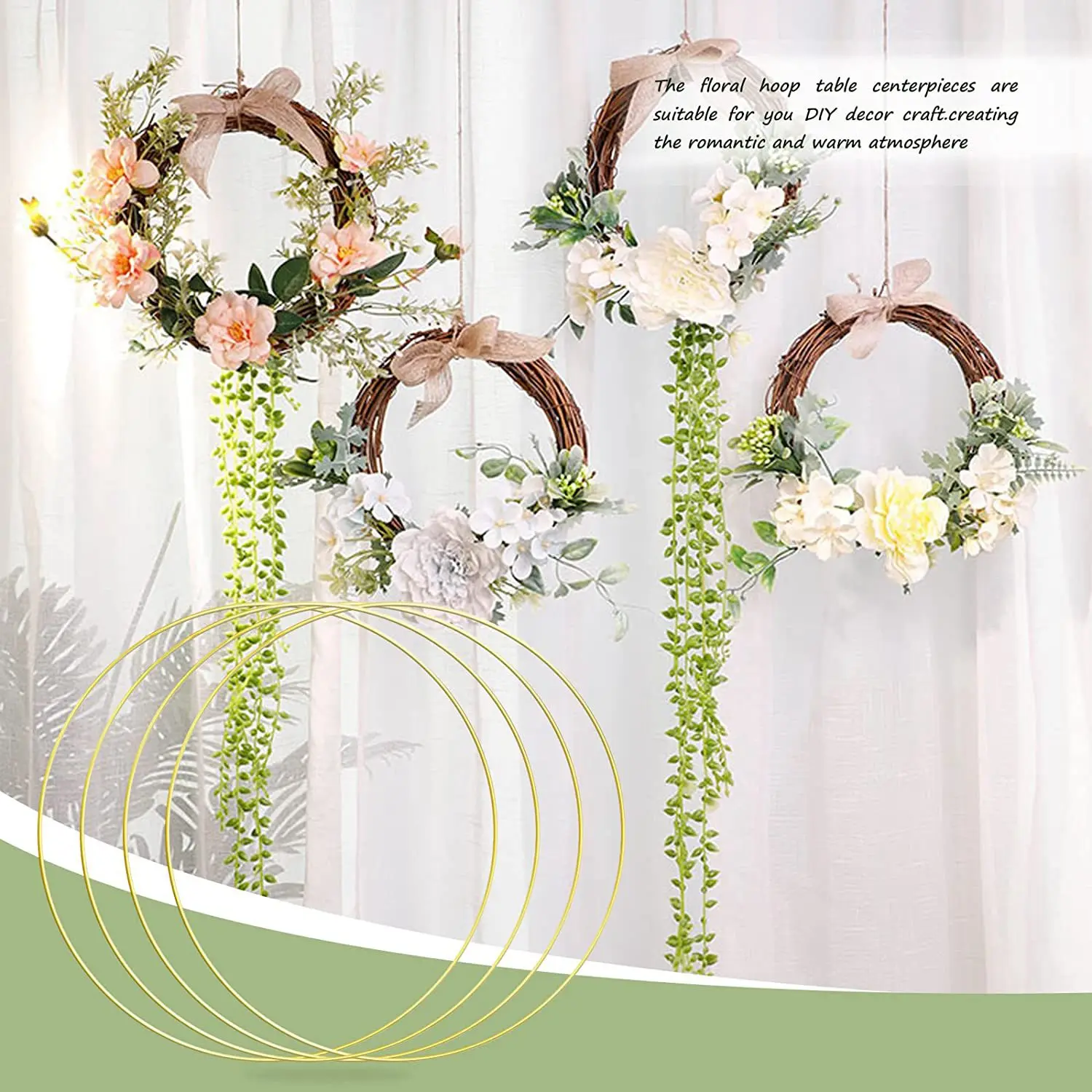

4 PCS 12 Inch Metal Floral Hoop Centerpiece for Table, Metal Wreath Ring with 4 PCS Wood Place Card Holders for DIY