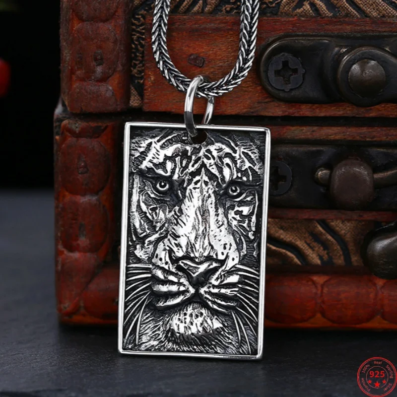 

Genuine S925 Sterling Silver Pendants for Women Men New Fashion Relief Tiger-Head Rectangle Punk Jewelry Free Shipping