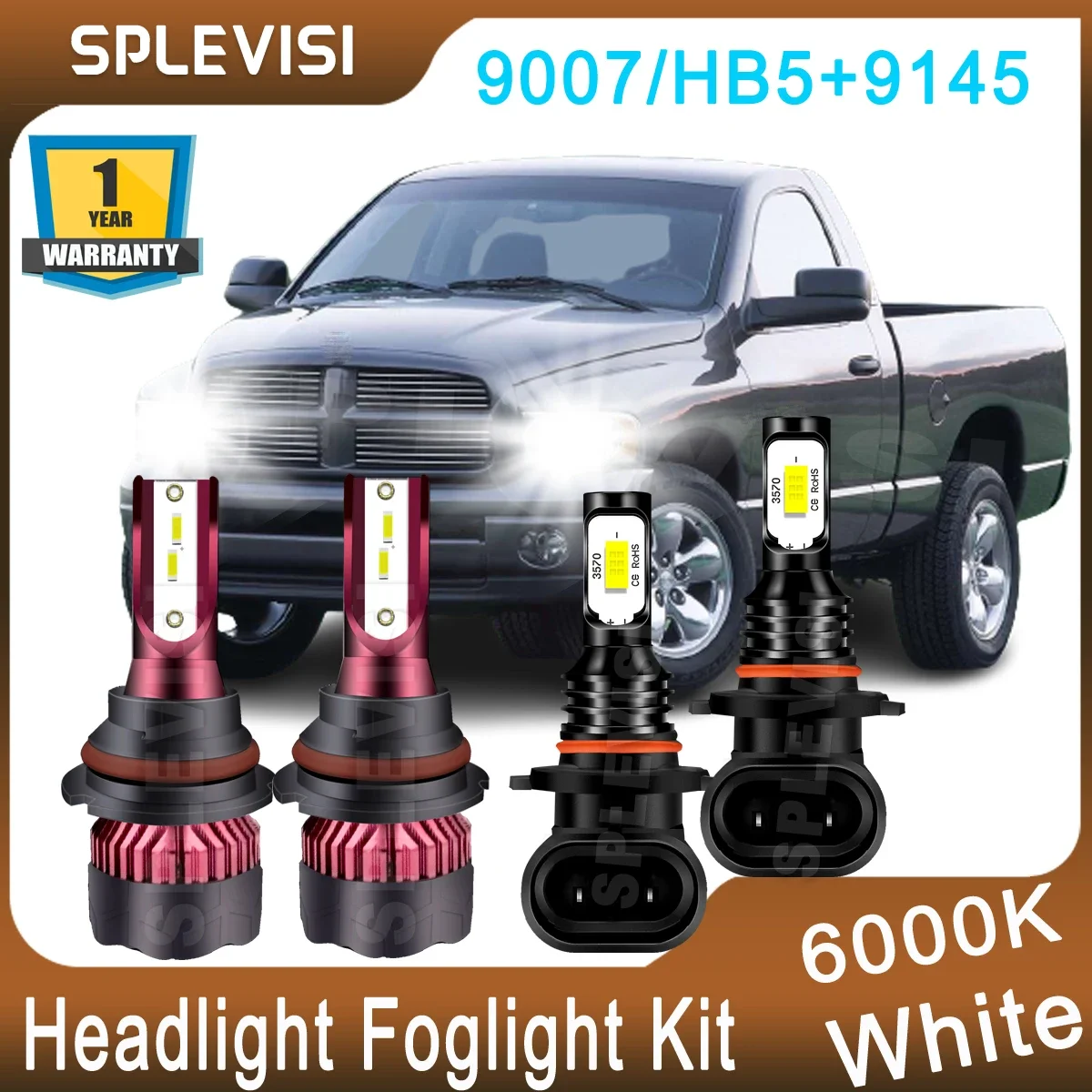 

4x LED Headlight Foglight Kit 6000K White For Dodge Ram 1500 2500 3500 2002 2003 2004 2005 9007 High Low Beam 9145/H10 Foglight