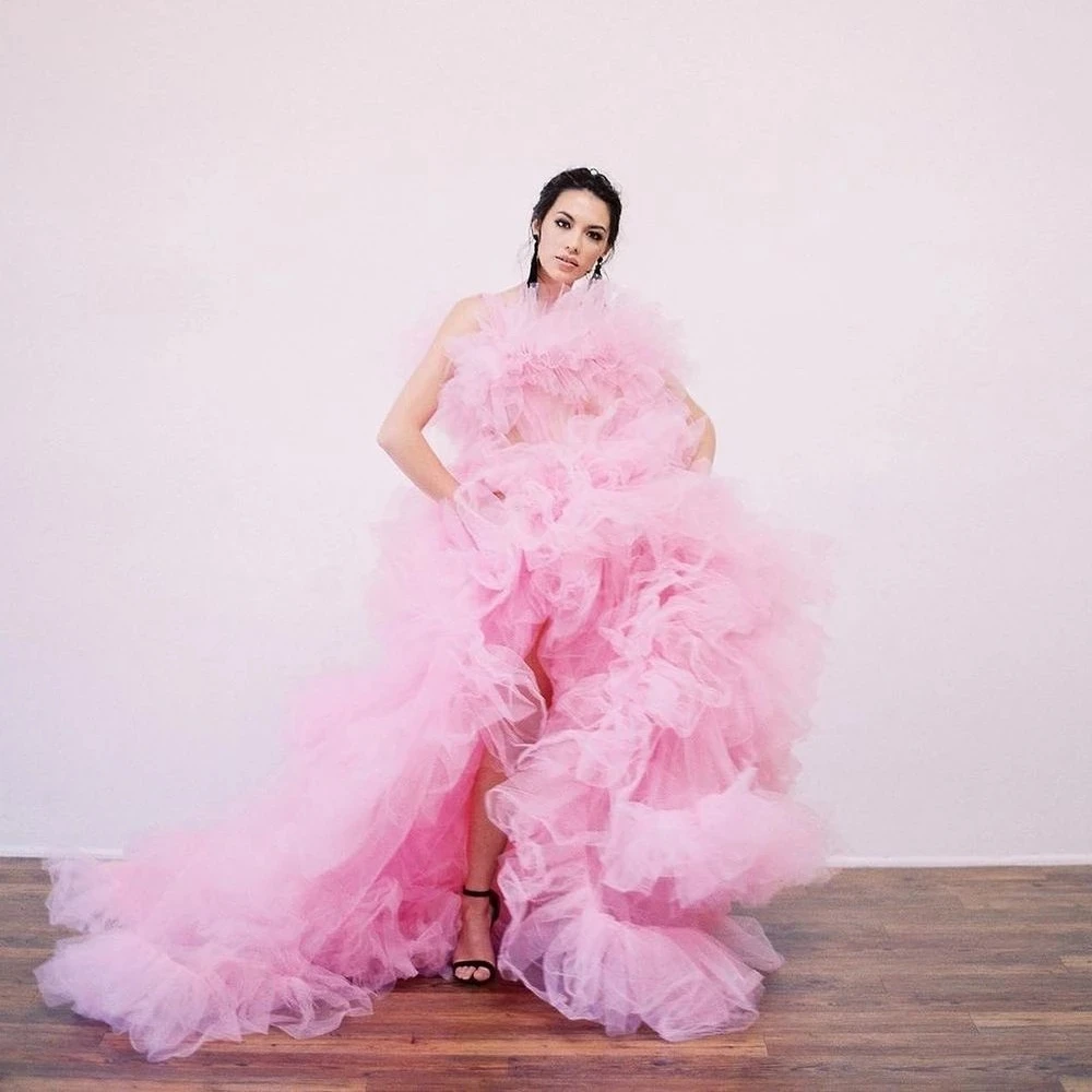 

Pretty Pink Ruffled Tiered Split Long Tulle Prom Gowns Puffy Tutu Robe Women Formal Party Dress